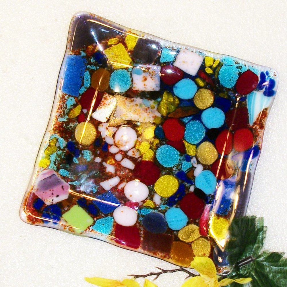 Hand Made End of Day Colorful Glass Dish Candy Bowl 6" Square OOAK